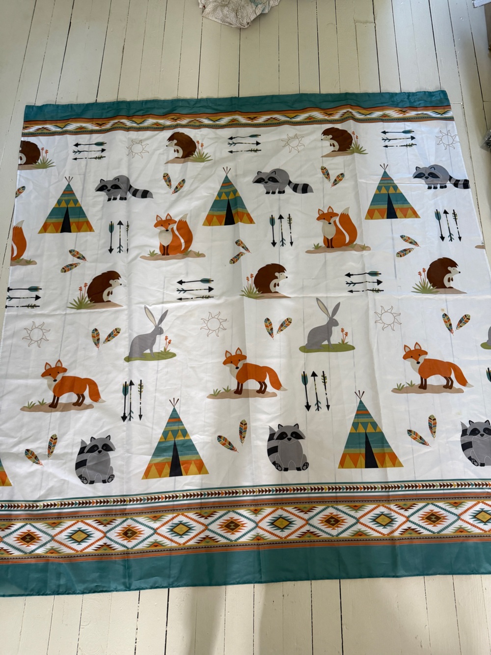 Mainstays Woodland Animal Shower Curtain in Teal, Orange, Gray, Brown and Cream